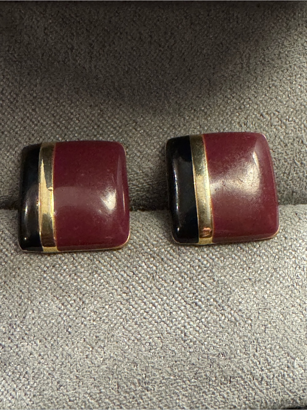 Vintage Two-Tone Burgundy and Black Square Stud Earrings